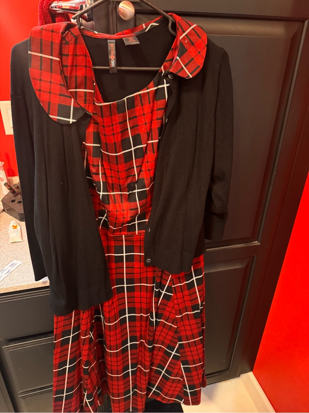 Retro Chic Red Plaid Midi Dress with Black Cardigan
